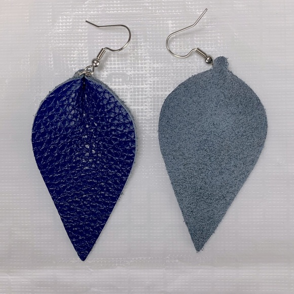 Boho Blue Leather Leaf Earrings - Picture 4 of 4